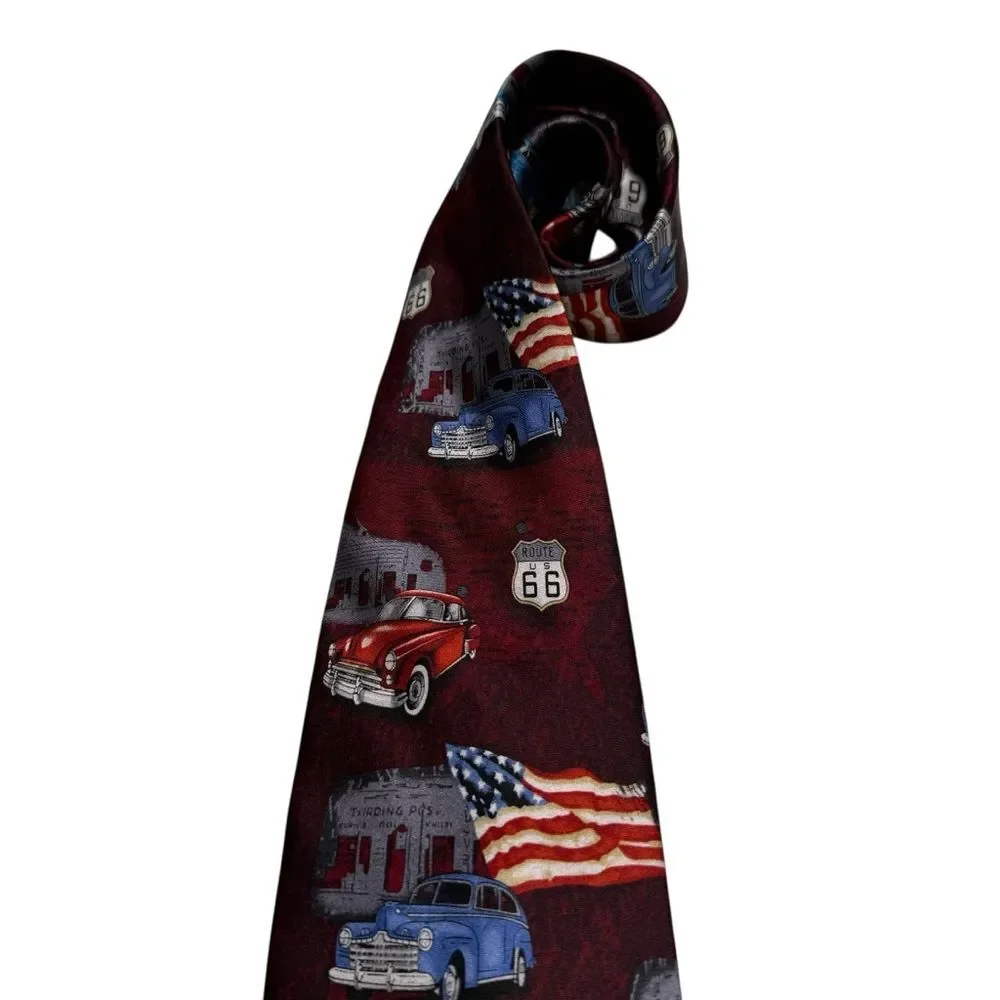 Tango Route 66 Classic Car USA Flag Silk Necktie Tie Handmade